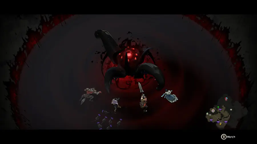 The text on the image reads "Ship 0/4," which indicates that there are four ships in total, and the current ship is the first one. The scene is set in a dark and eerie environment, with a large black circle and a group of people standing around it. The presence of the circle and the people suggests that they might be exploring or investigating something unusual or mysterious in this dark setting.