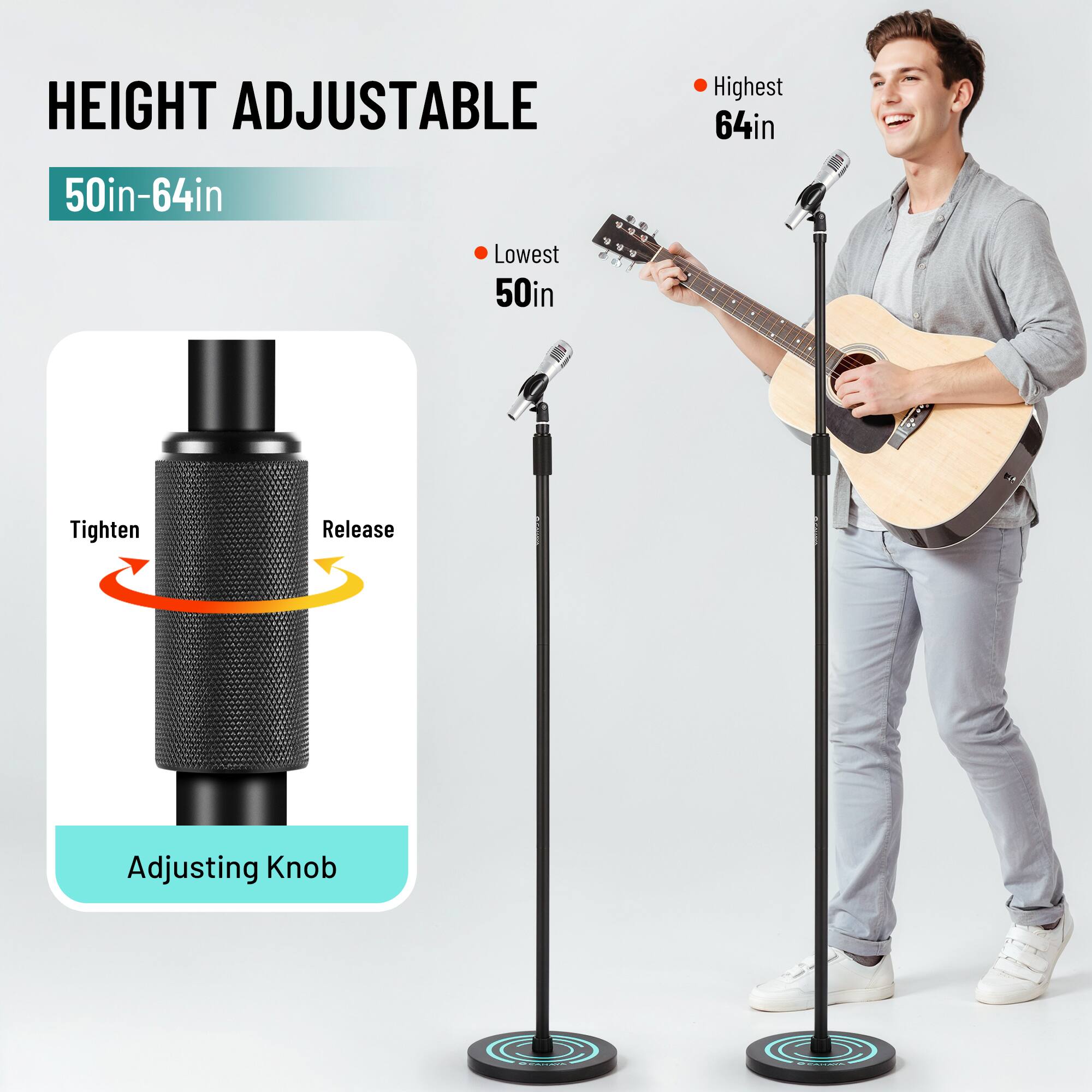 HEIGHT ADJUSTABLE  
50in-64in  

Highest: 64in  
Lowest: 50in  

Tighten Release  
Adjusting Knob