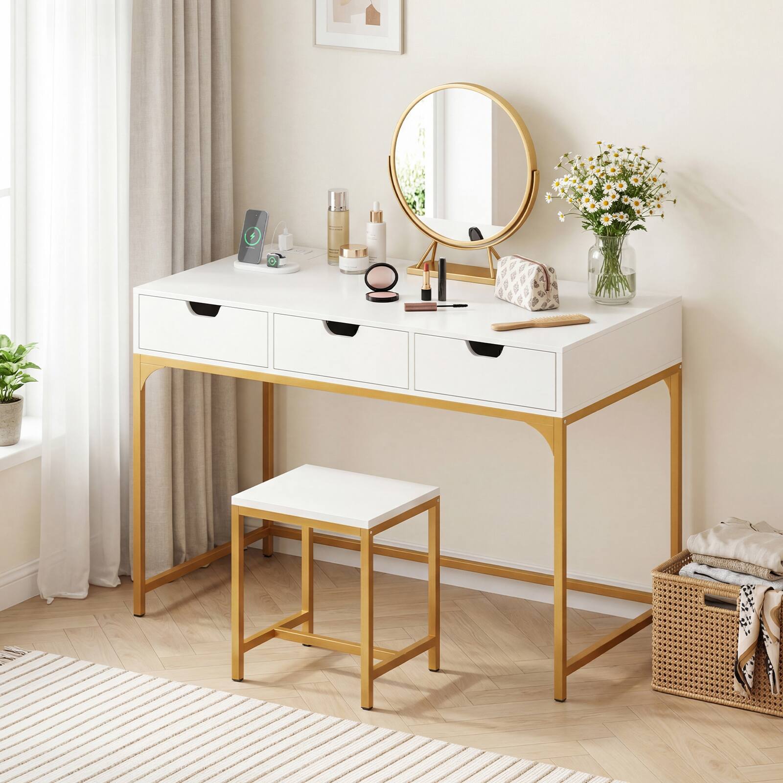 Alt View 1. Costway - Costway Office Desk with Power Outlets,43.5" Modern Writing Desk with Hidden Compartment - White & Gold.