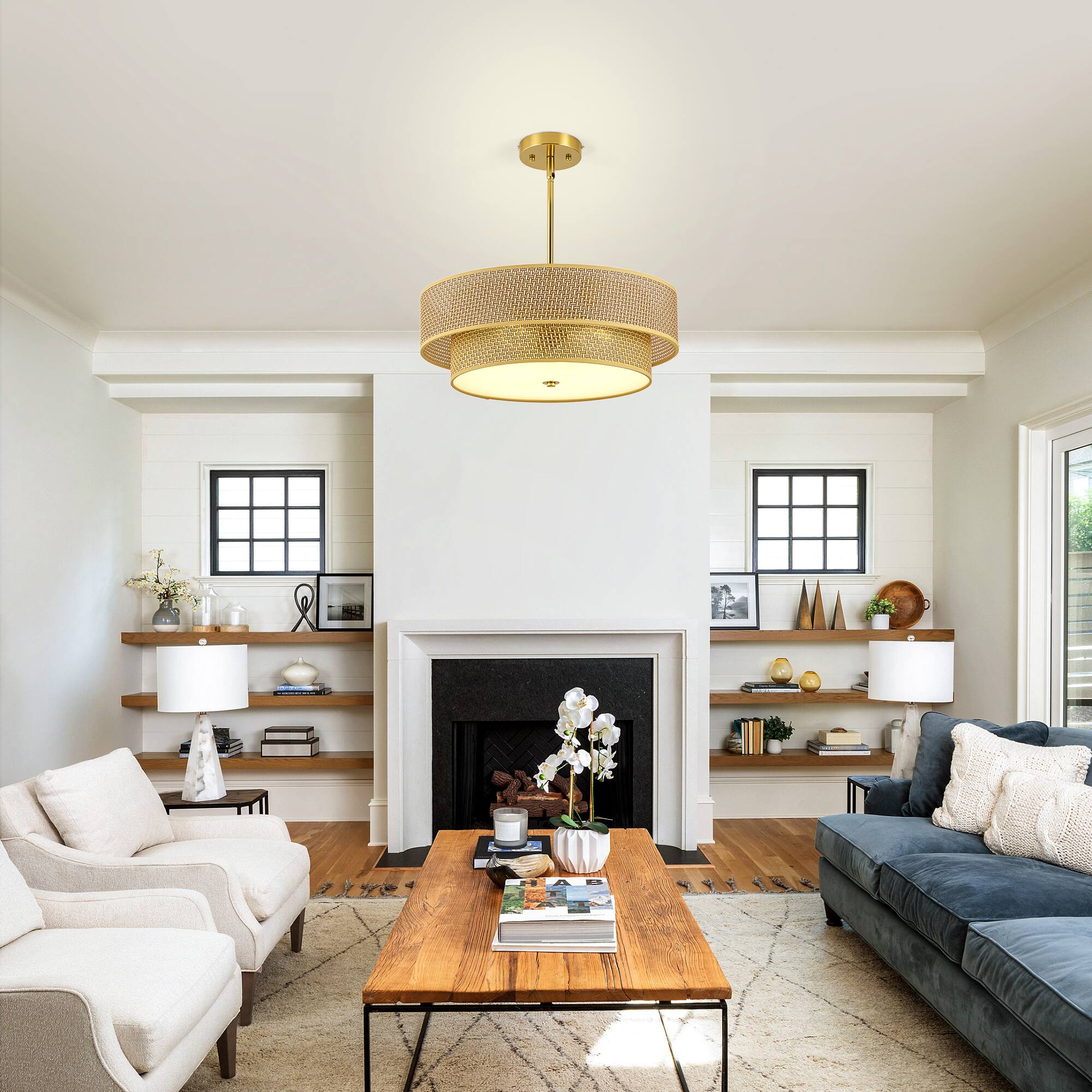 Angle. Malletson - 17.7" Rattan Linen Chandelier, Woven Drum Shade Fixture, Boho Farmhouse Lighting for Bedroom Dining.