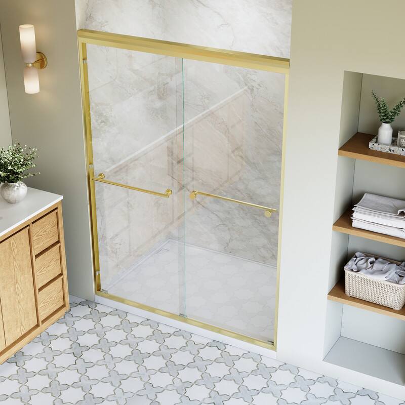 Back. WELLFOR - 50-54 in. W x 72 in. H Framed Sliding Shower Door with 1/4 in. Clear Tempered Safety Glass,Reversible - Brushed Gold.