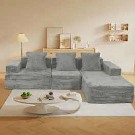 Kadyn - Compression Sectional Sofa, L-Shaped Boneless Design with Chaise and Minimalist Corduroy Style, Grey - Gray