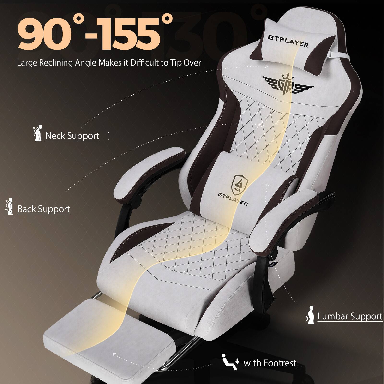 90°-155°  
Large Reclining Angle Makes it Difficult to Tip Over  

Neck Support  
Back Support  
Lumbar Support  
with Footrest