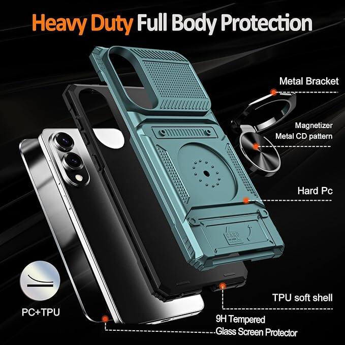 Heavy Duty Full Body Protection

- Metal Bracket
- Magnetizer
- Metal CD pattern
- Hard Pc
- PC+TPU
- TPU soft shell
- 9H Tempered Glass Screen Protector