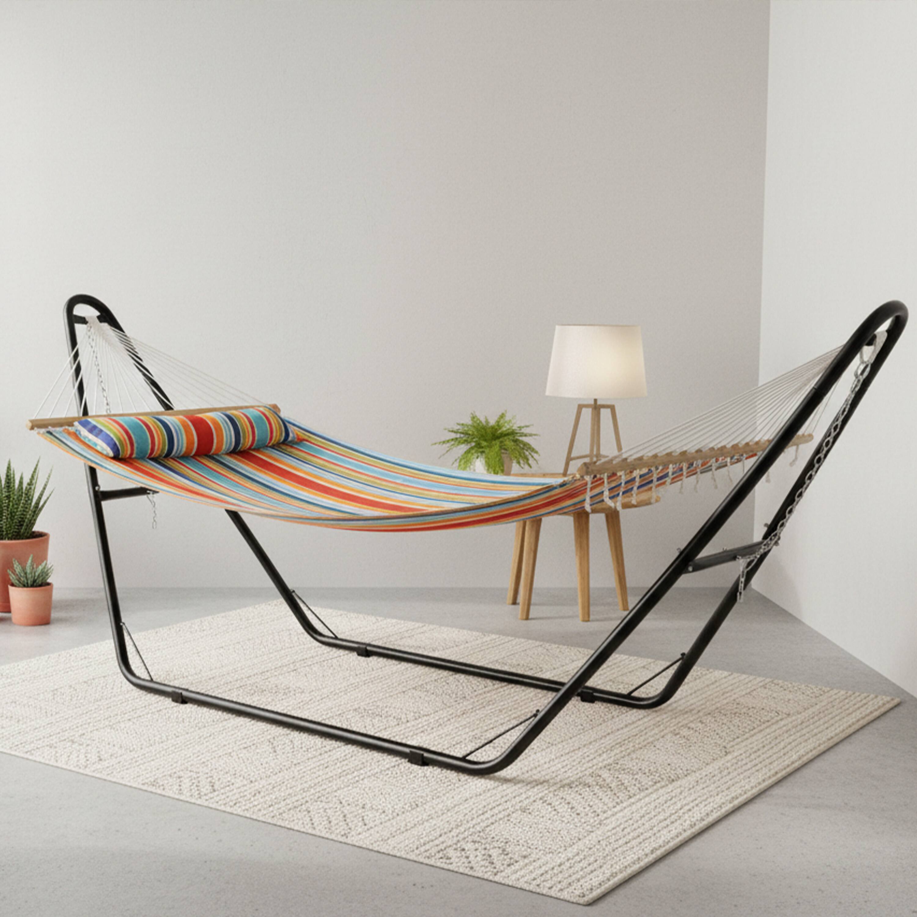 Alt View 10. Sunnydaze - Large Quilted Hammock with Universal Steel Stand - Caribbean Stripe.