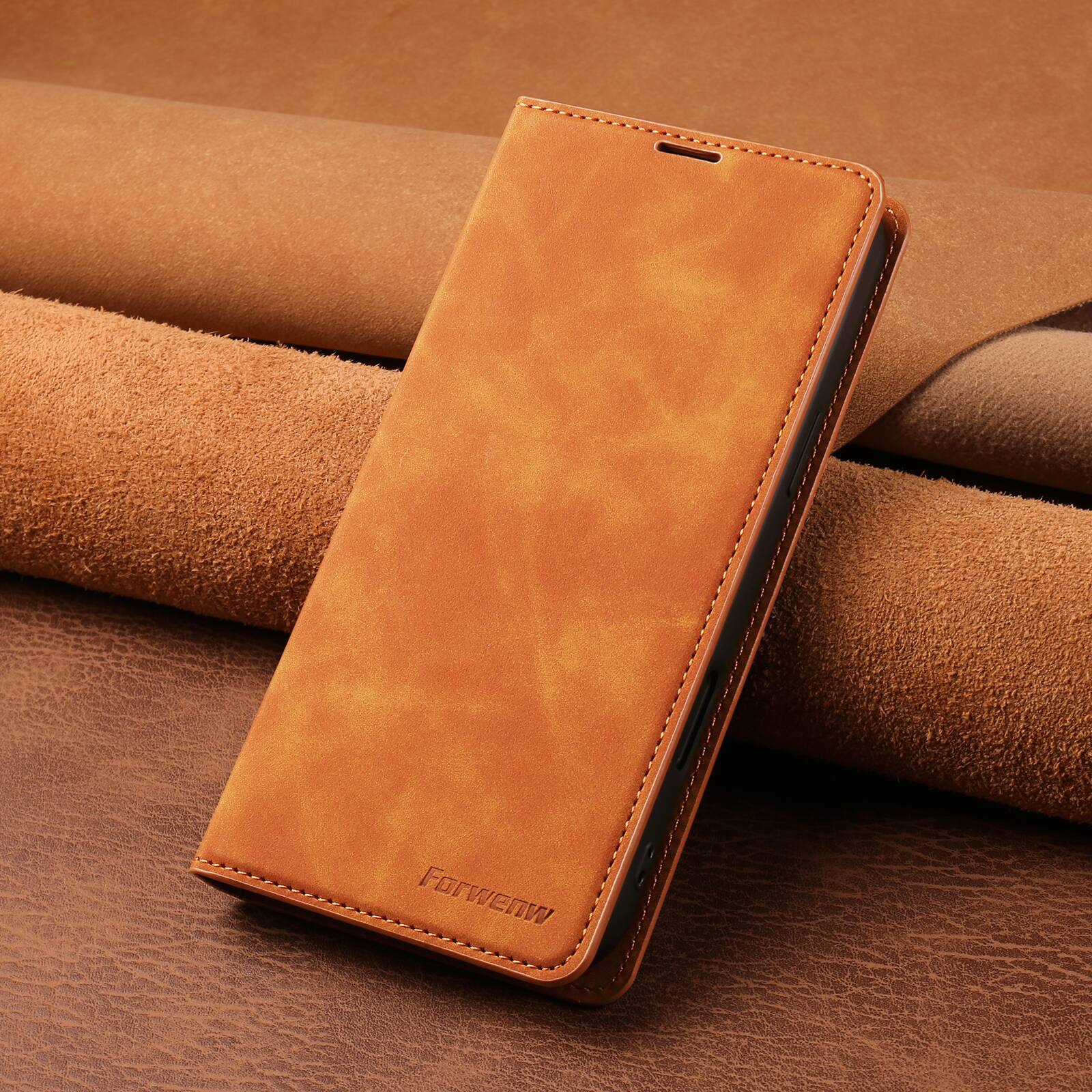 Angle. Dteck - Magnetic Wallet Case For Apple iPhone 17 Pro, Shockproof Card Pocket Viewing Kickstand Protective Folio PU Leather Cover - Brown.