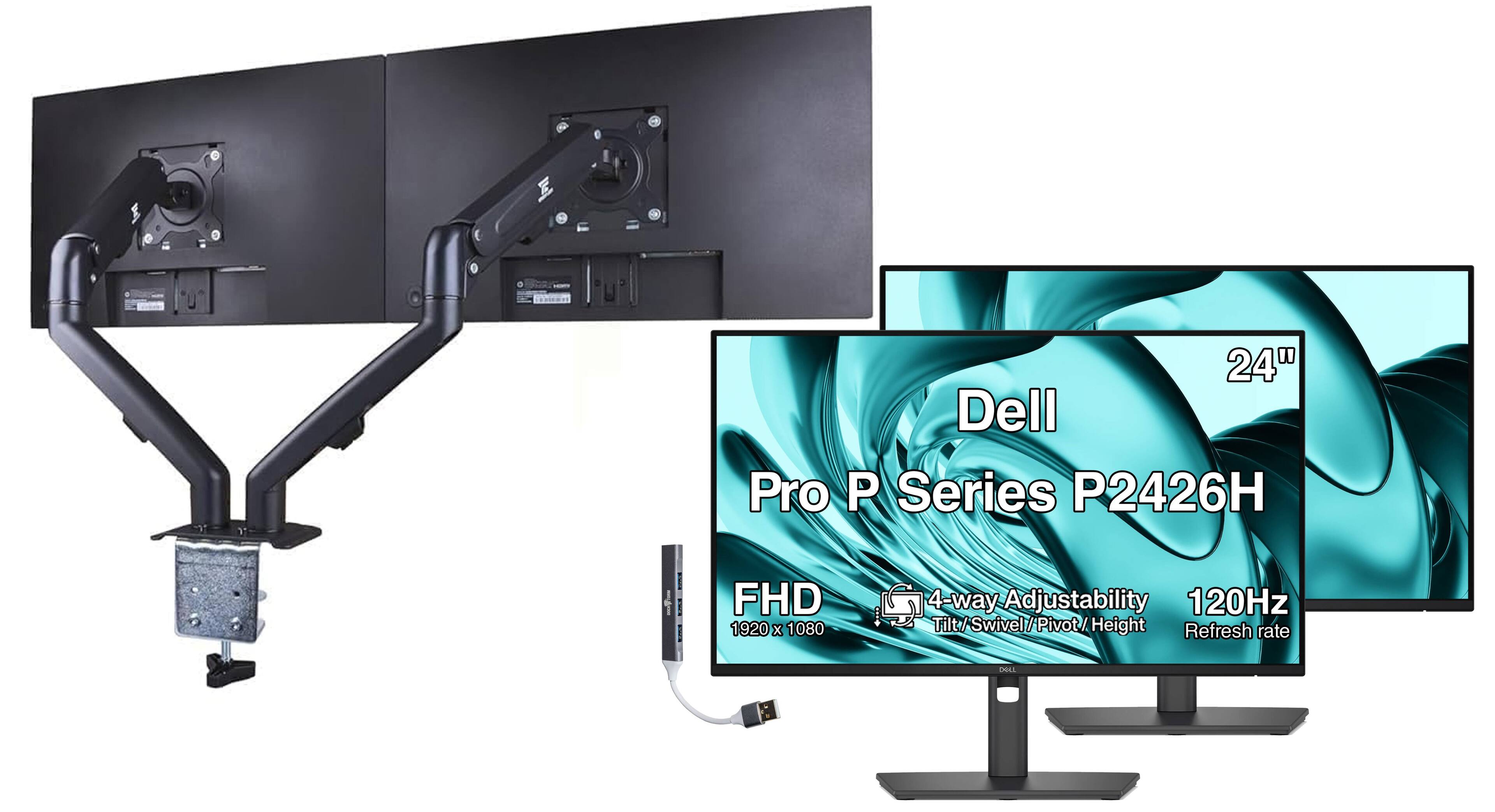 24" Dell Pro P Series P2426H  
FHD 1920 x 1080  
4-way Adjustability  
120Hz  
Tilt/Swivel/Pivot/Height  
Refresh rate