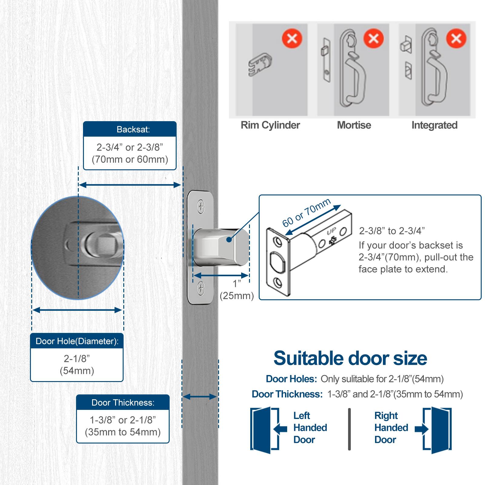 **Backset:**
- 2-3/4" or 2-3/8" (70mm or 60mm)

**Door Hole (Diameter):**
- 2-1/8" (54mm)

**Door Thickness:**
- 1-3/8" or 2-1/8" (35mm to 54mm)

**Suitable door size:**
- Door Holes: Only suitable for 2-1/8" (54mm)
- Door Thickness: 1-3/8" and 2-1/8" (35mm to 54mm)

**Left Handed Door**  
**Right Handed Door**

**Rim Cylinder**  
**Mortise**  
**Integrated**

**60 or 70mm**  
**2-3/8" to 2-3/4"**  
**1" (25mm)**

*If your door's backset is 2-3/4" (70mm), pull-out the face plate to extend.*