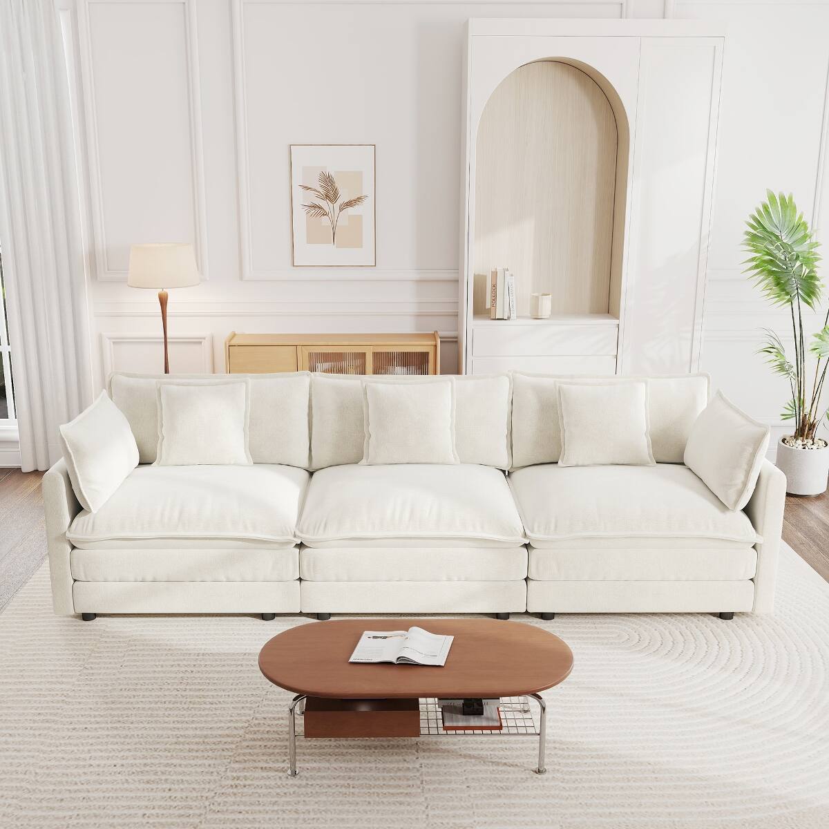 Front. Ropilly - Ropilly Mid Century Modern 3 Seater Sofa, White Chenille Living Room Sofa with Pillows - White.