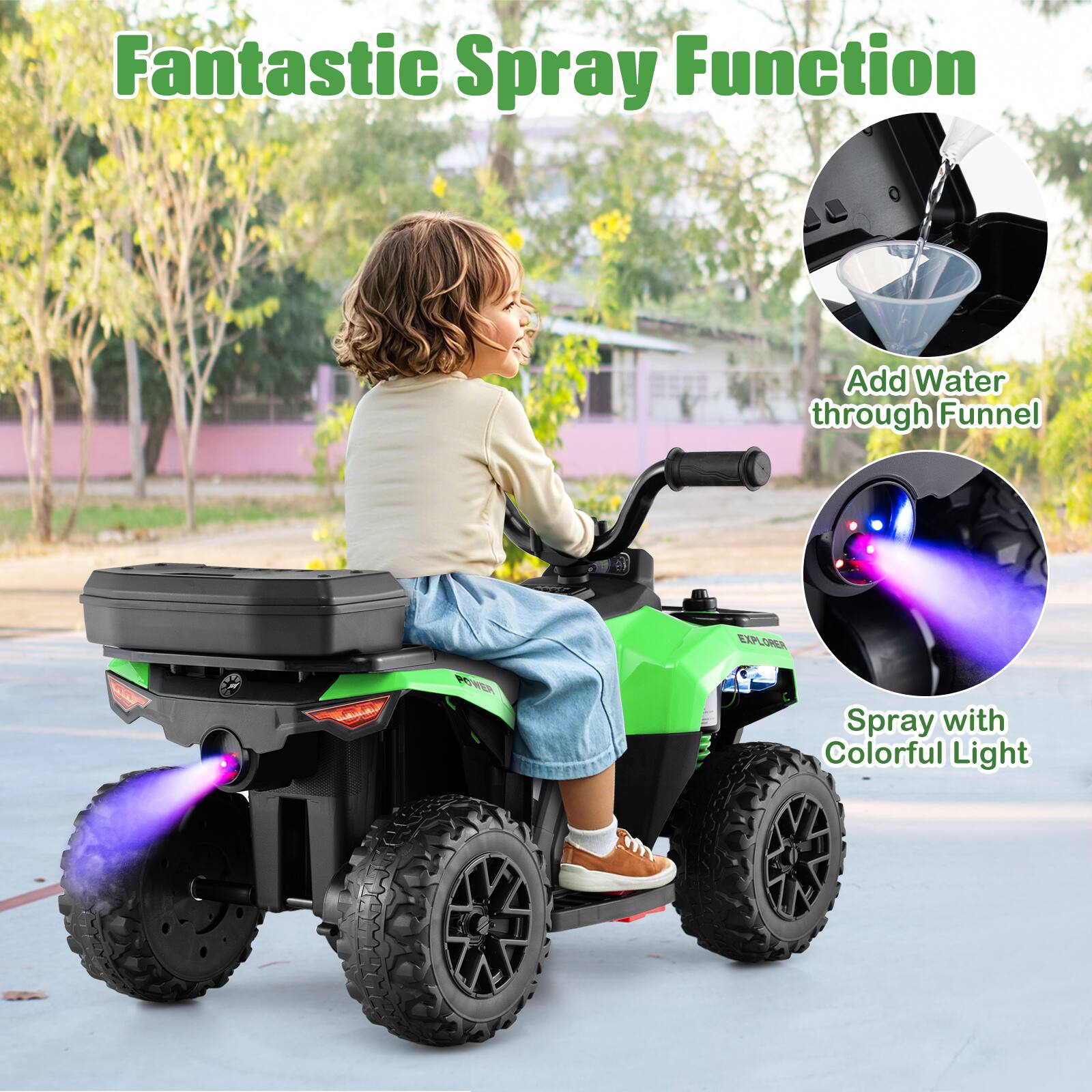 Fantastic Spray Function

Add Water through Funnel

Spray with Colorful Light