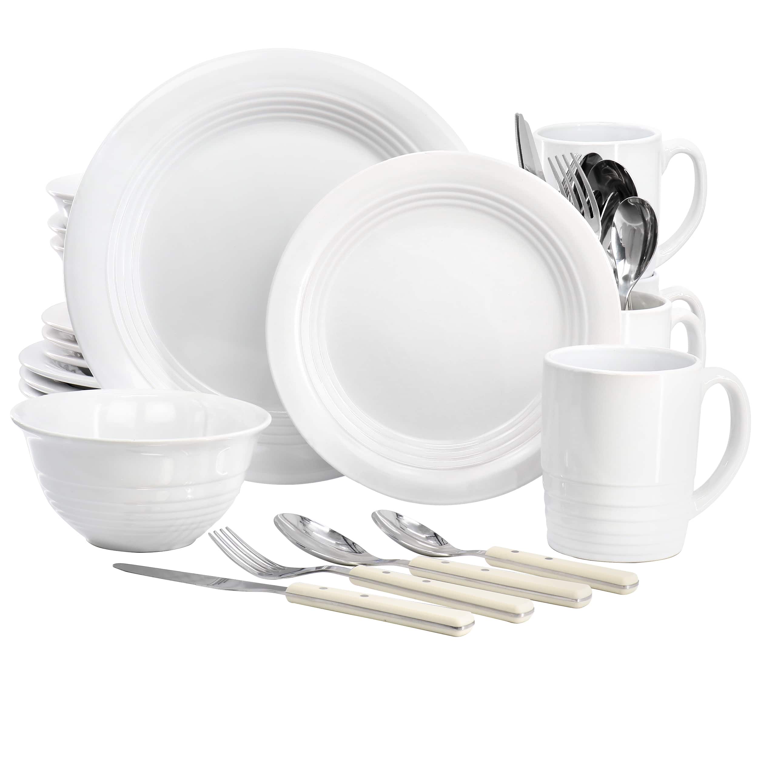 Martha Stewart - 32 Piece Stoneware Dinnerware and Flatware Combo Set - Linen
