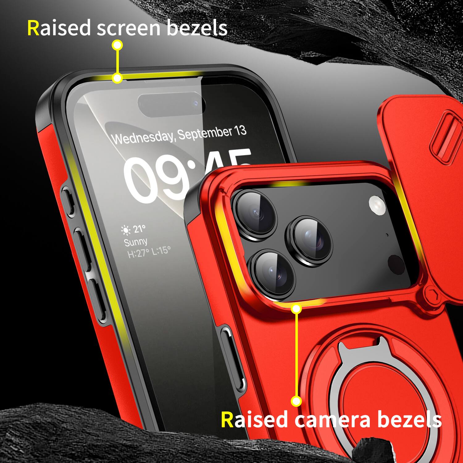 Raised screen bezels  
Wednesday, September 13  
09:45  
Sunny  
H: 27° L: 15°  

Raised camera bezels