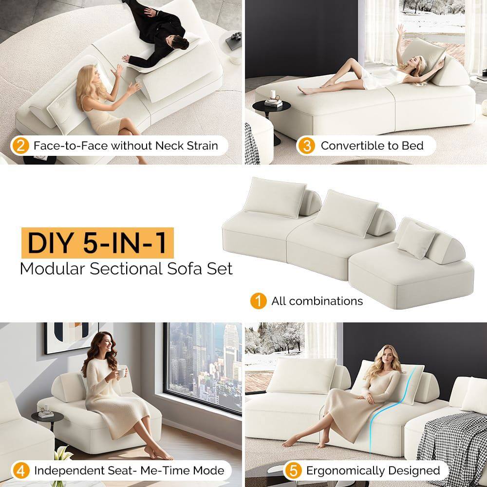 DIY 5-IN-1 Modular Sectional Sofa Set

1. All combinations
2. Face-to-Face without Neck Strain
3. Convertible to Bed
4. Independent Seat - Me-Time Mode
5. Ergonomically Designed