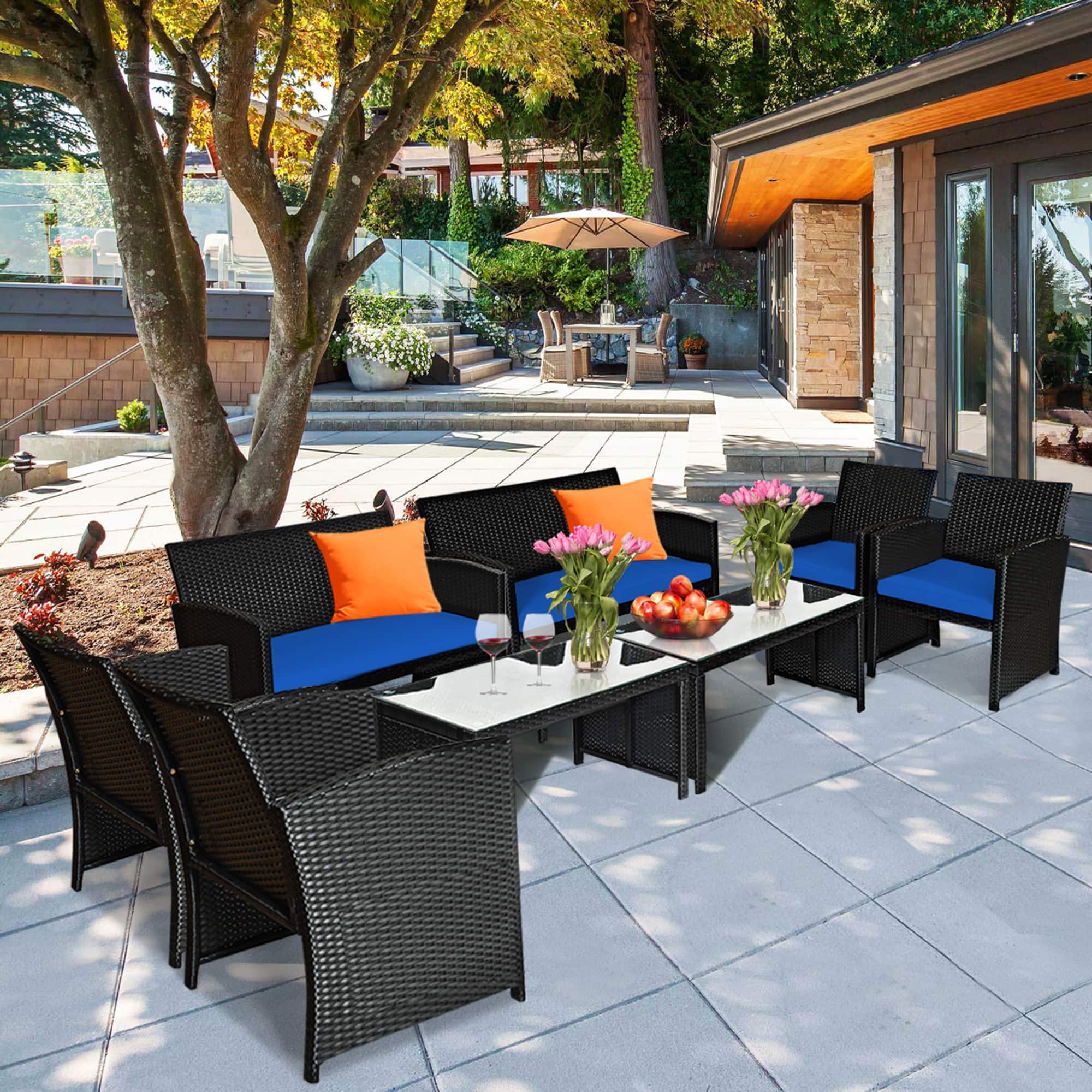 Gymax - 8PCS Rattan Outdoor Conversation Set Patio Furniture Set w/ Cushions - Navy price history on PriceWatchPro
