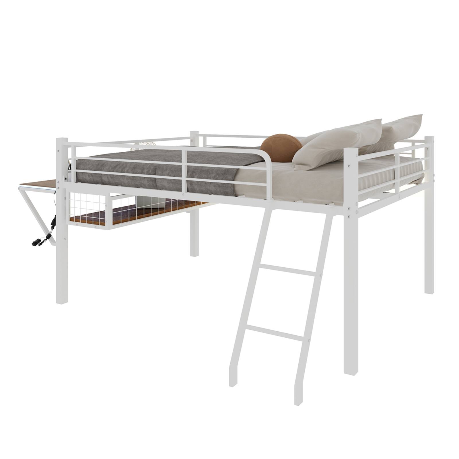 Alt View 7. Loheer - Loheer Full Size Metal Loft Bed with Desk White Loft Bed Frame with LED Lights and Guardrails No Box Spring Needed - White.