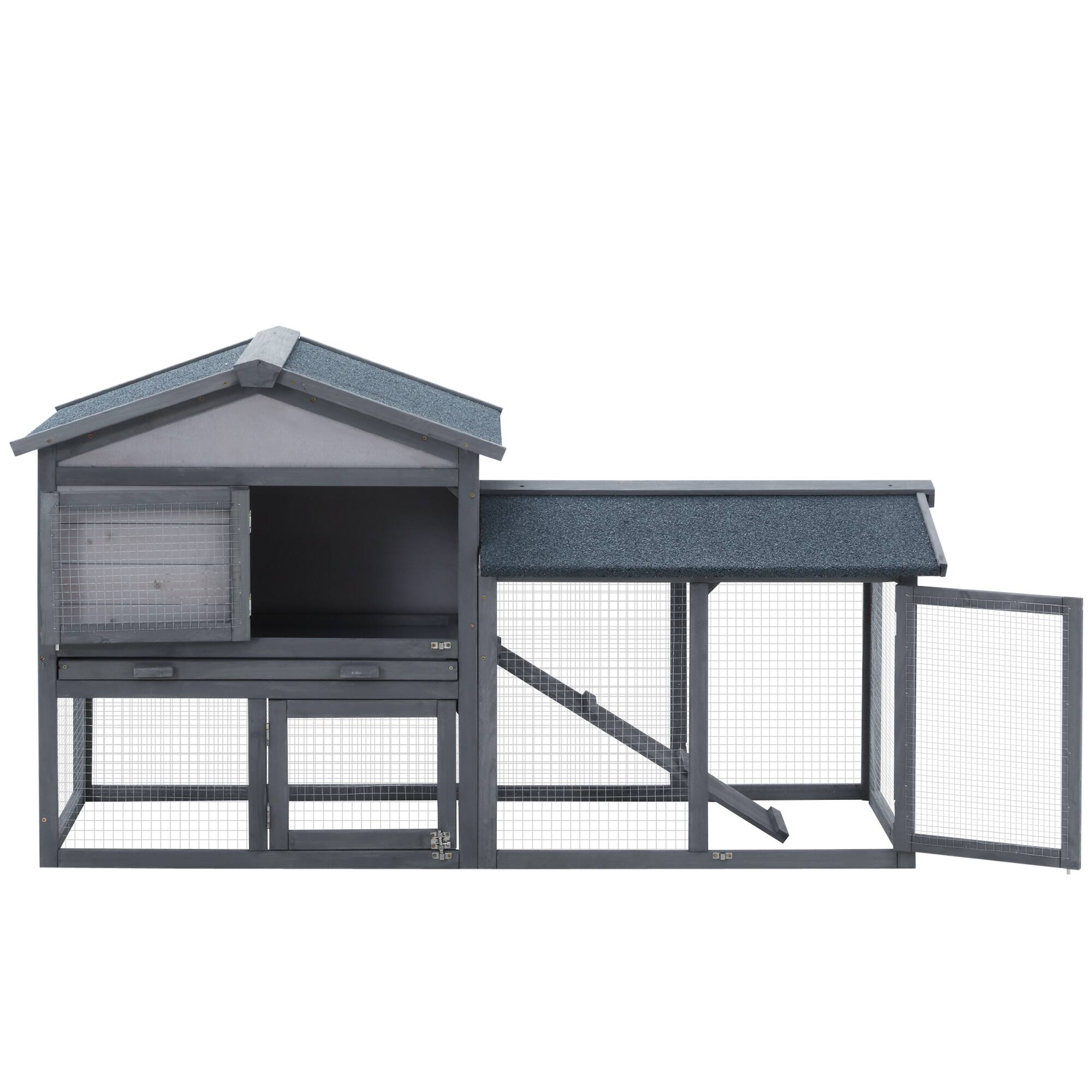 Alt View 4. Pawhut - 58" Wooden  Large Rabbit Hutch, Outdoor Indoor, Run, Removable Tray, Asphalt Roof, Lockable Doors, Ramp.
