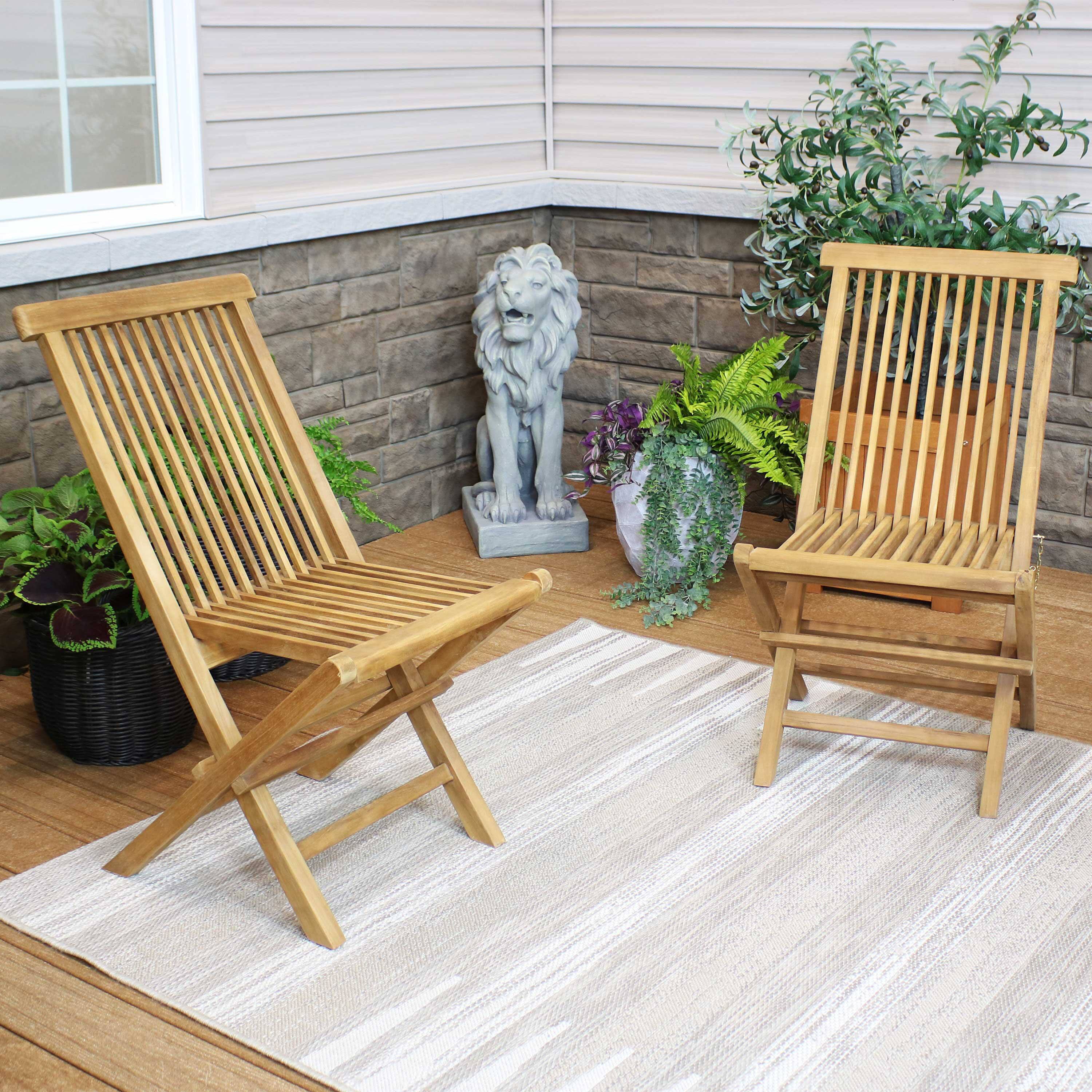 Alt View 2. Sunnydaze - Hyannis Solid Teak Wood Folding Slat-Back Patio Chair - Set of 2 - Light Brown.