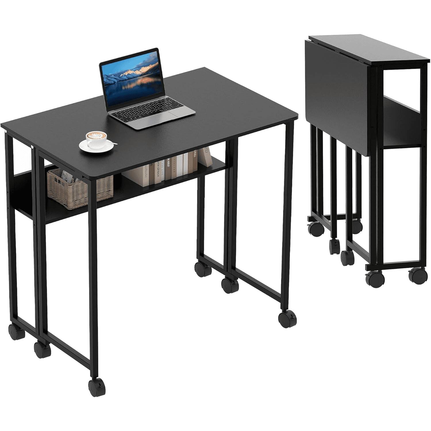 Front. Homhougo - Collapsible Laptop Desk with Storage Shelf - Portable Rolling Table for Home Office, Compact & Sturdy - Black.