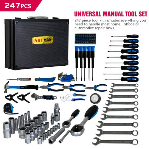 247 PCS UNIVERSAL MANUAL TOOL SET  
247 piece tool kit includes everything you need to handle most home, office or automotive repair tasks.  
ART MAN