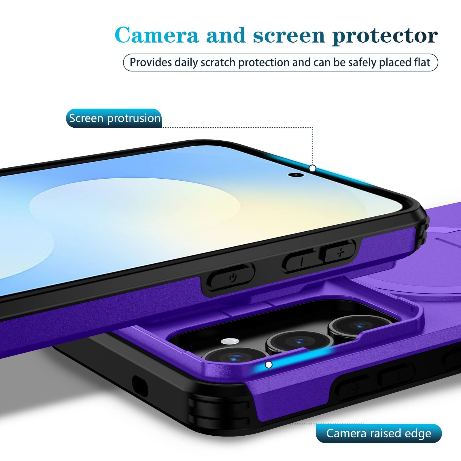 Camera and screen protector  
Provides daily scratch protection and can be safely placed flat  

Screen protrusion  

Camera raised edge