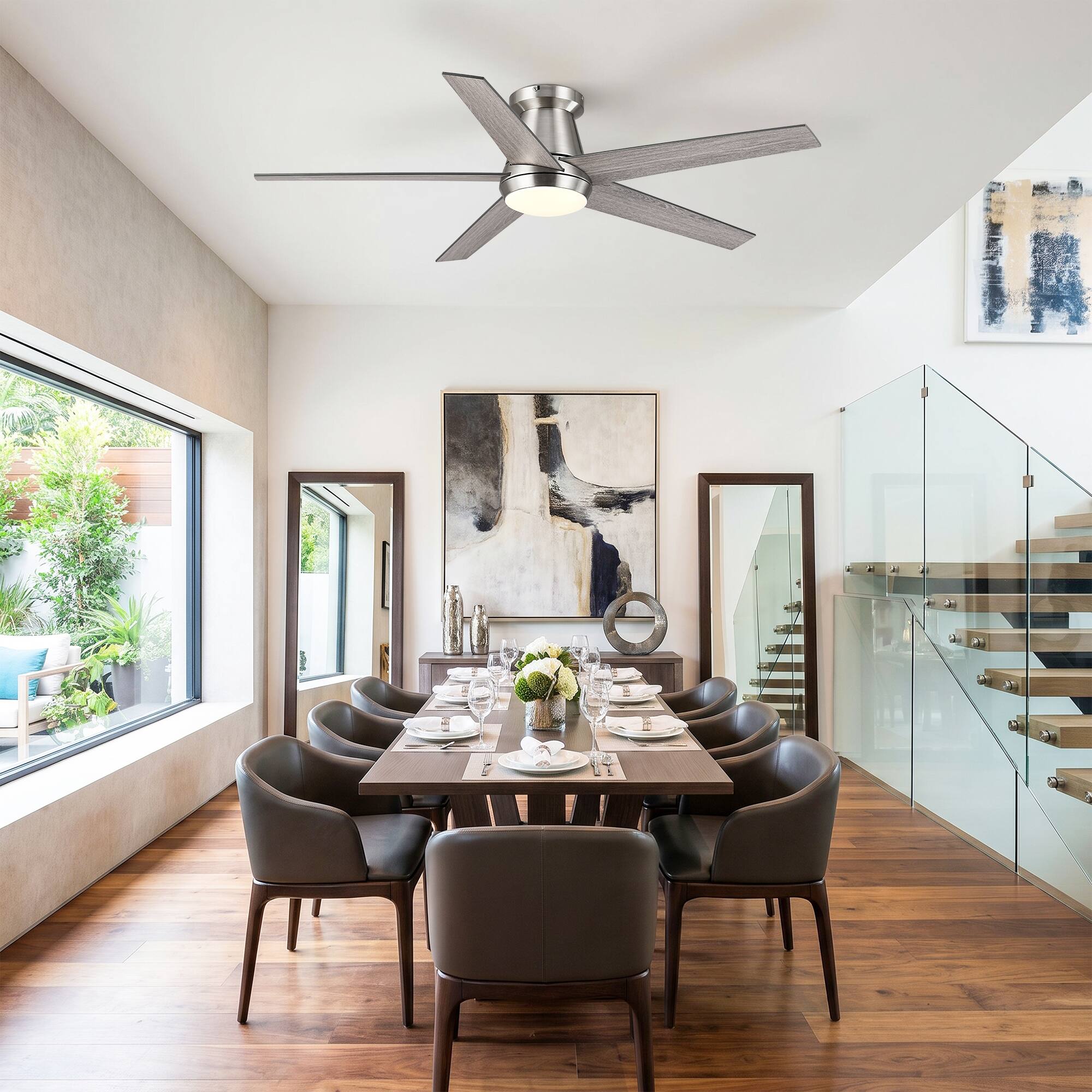 Left. Vaczon - 52 Inch Modern Reversible Blades 3CCT Dimmable LED Smart Flush Mount Ceiling Fan with Light, Remote and App Control - Satin Nickel.