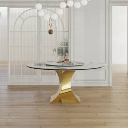 Loheer - Sintered Stone Dining Table, 59-Inch Round Table with Gold Stainless Steel Hourglass Base - Gold and White