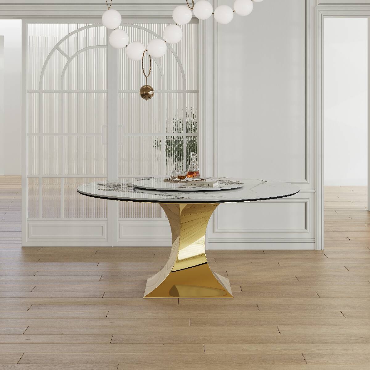 Front. Loheer - Loheer Sintered Stone Dining Table, 59-Inch Round Table with Gold Stainless Steel Hourglass Base - Gold and White.