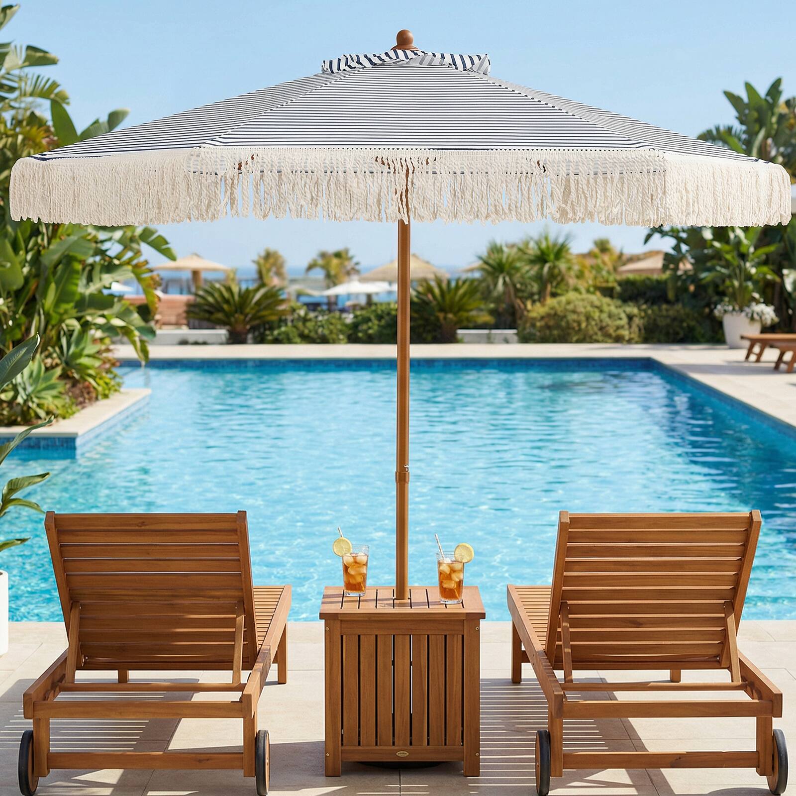 Alt View 3. Costway - Costway 7FT Patio Umbrella with Fringe Sun-Protective Polyester Canopy, Cute Beach Umbrella - Blue + White + Natural.