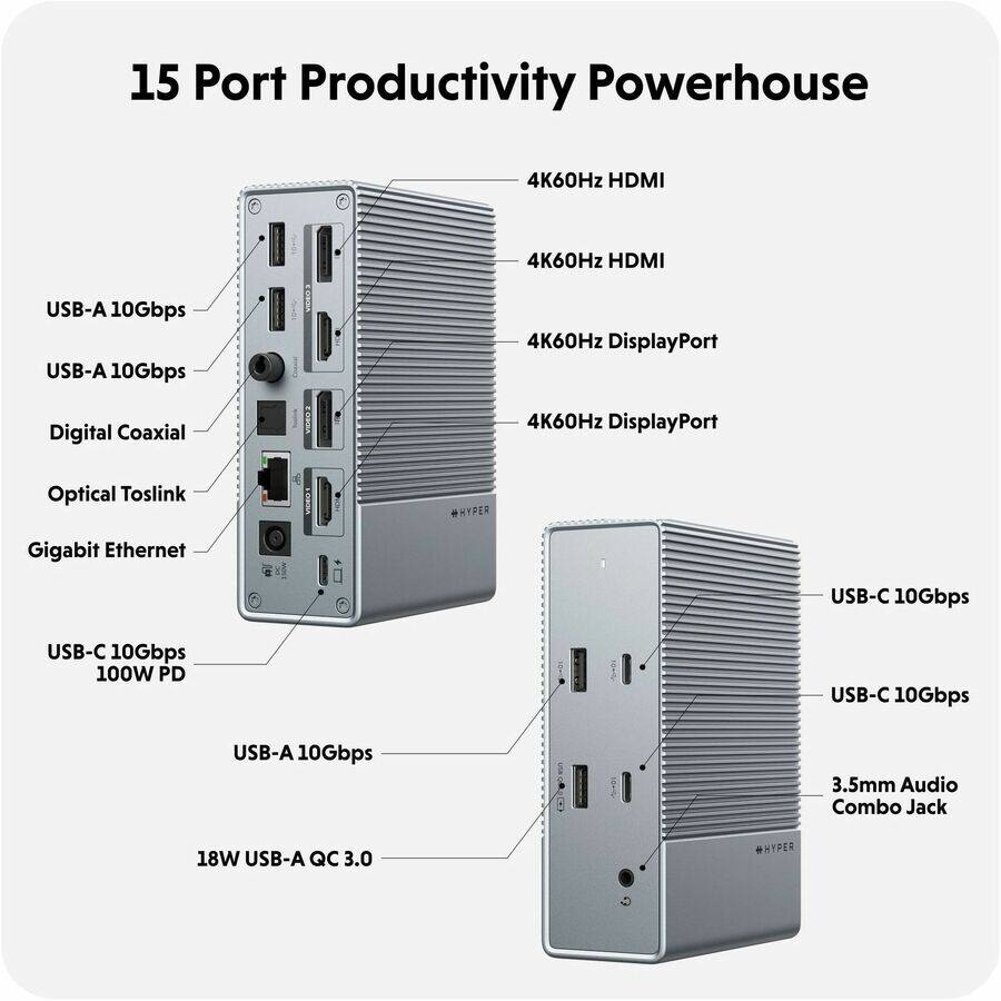 15 Port Productivity Powerhouse

- 4K60Hz HDMI
- 4K60Hz HDMI
- 4K60Hz DisplayPort
- 4K60Hz DisplayPort
- USB-A 10Gbps
- USB-A 10Gbps
- Digital Coaxial
- Optical Toslink
- Gigabit Ethernet
- USB-C 10Gbps 100W PD
- USB-A 10Gbps
- 18W USB-A QC 3.0
- USB-C 10Gbps
- USB-C 10Gbps
- 3.5mm Audio Combo Jack