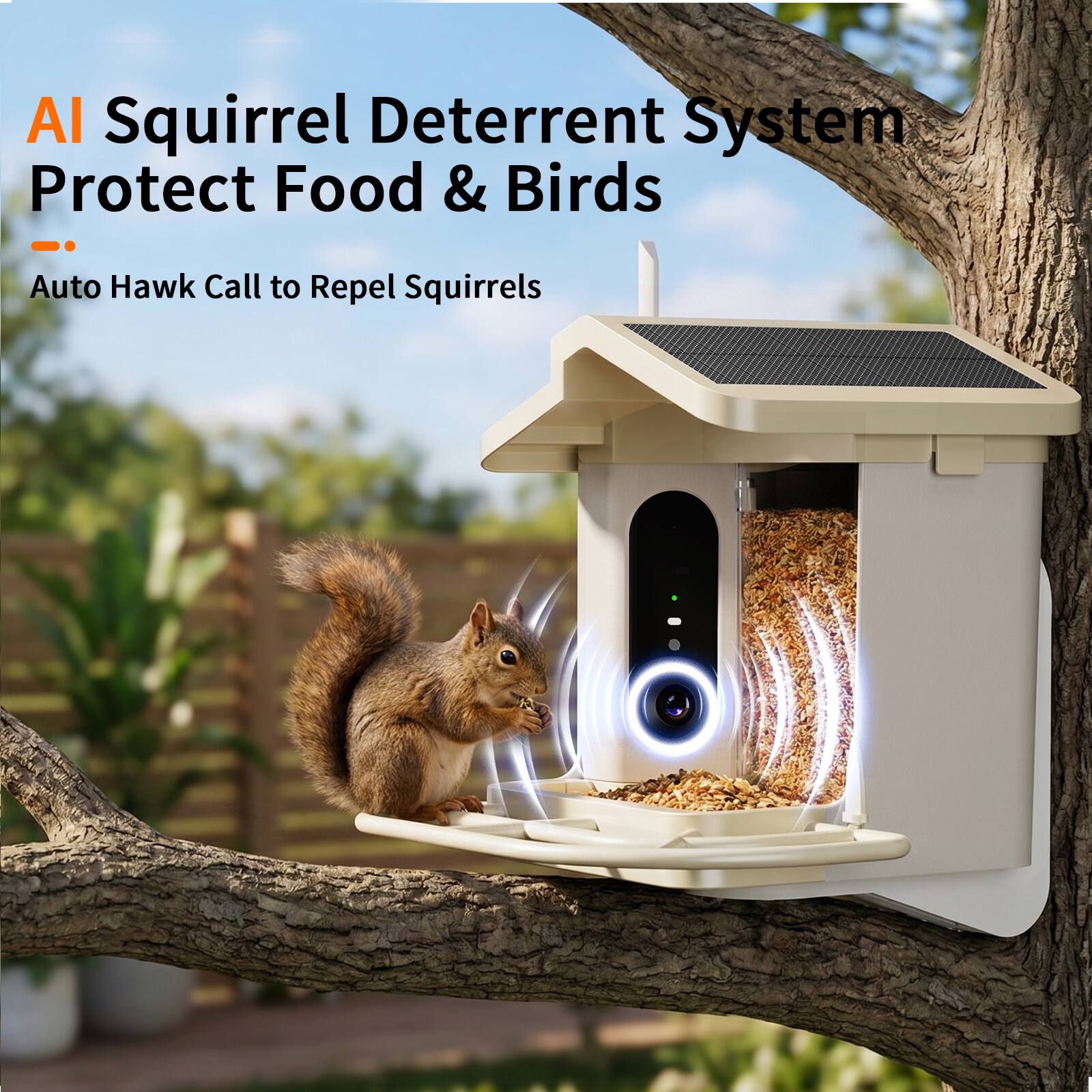 AI Squirrel Deterrent System Protect Food & Birds  
Auto Hawk Call to Repel Squirrels