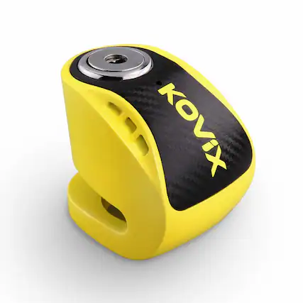 Front. Jupiter Bikes - Kovix Brake Rotor Bicycle Lock w/ 120 decibel Alarm - 6mm locking pin - Alloy steel construction - disc-style lock - Yellow.