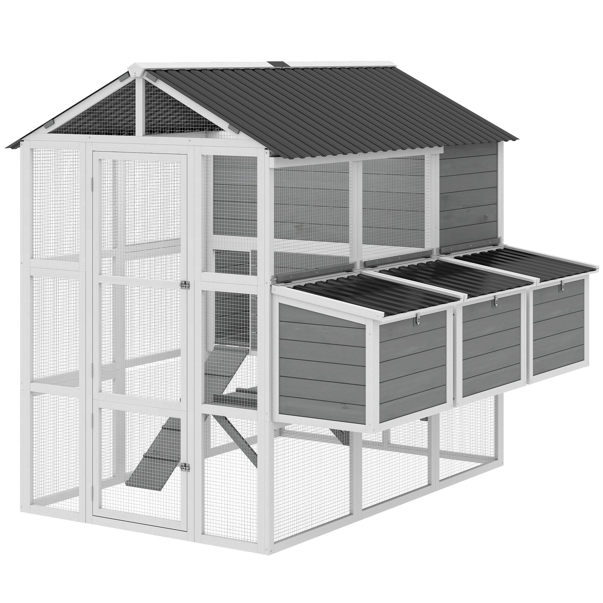 Pawhut - Large Chicken Coop for 6-8 Chickens, Outdoor Wooden Hen House Poultry Cage with Run, Nesting Boxes - Gray