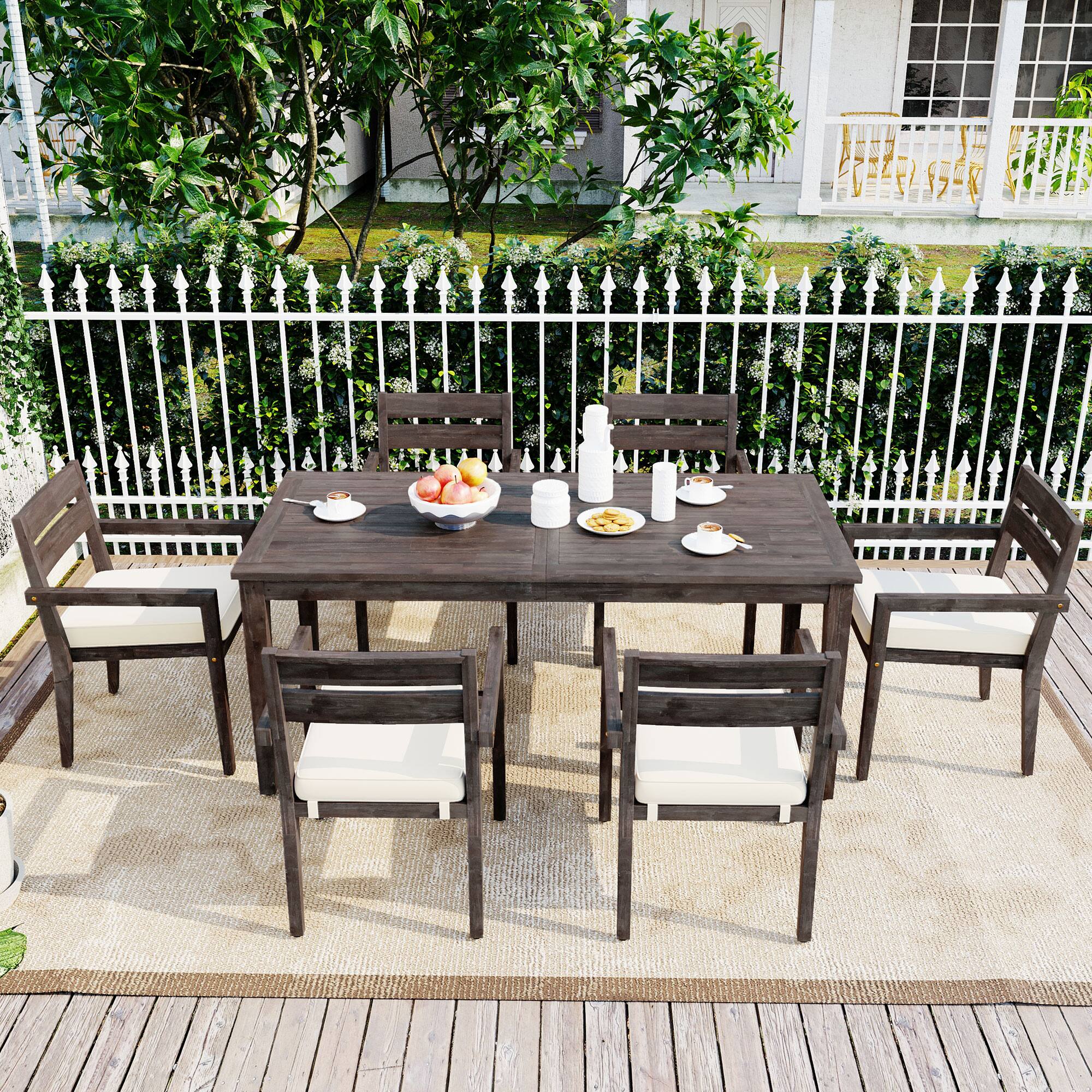 Angle. Mondawe - 7 Pieces Acacia Wood Outdoor Dining Set with Cushions - Brown+Beige.