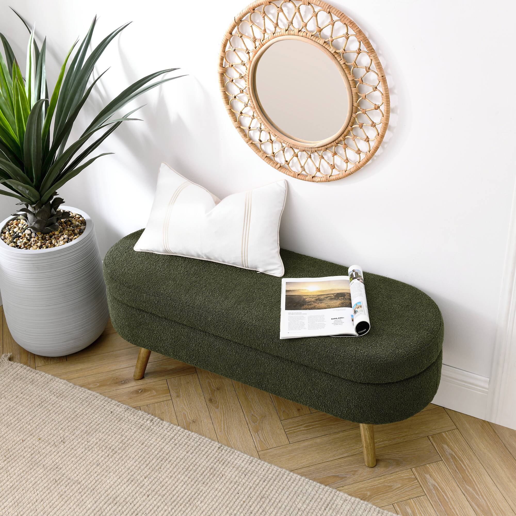 Back. GOODSILO - Elegant Fabric Storage Ottoman Bench with Wooden Legs for Living Room or Bedroom Footrest and Seating - Green.