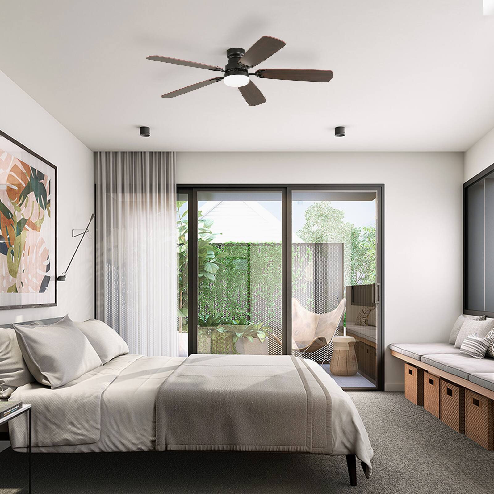 Alt View 5. Sofucor - 52 Inch Flush Mount Ceiling Fan With Light and Remote Modern 3 Downrods Ceiling Fans for Bedroom Indoor Outdoor - Black.