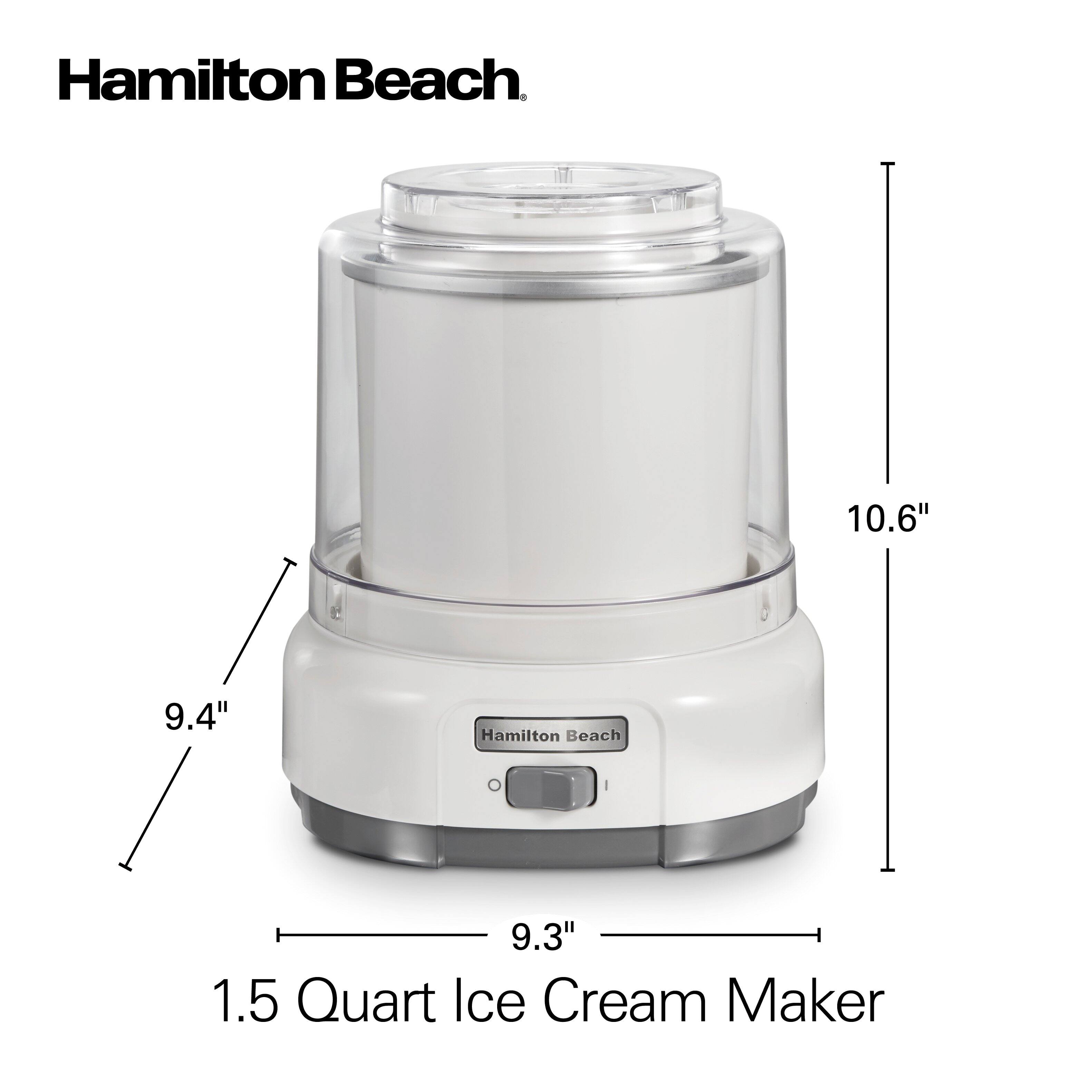 Hamilton Beach  
1.5 Quart Ice Cream Maker  
9.3" x 9.4" x 10.6"