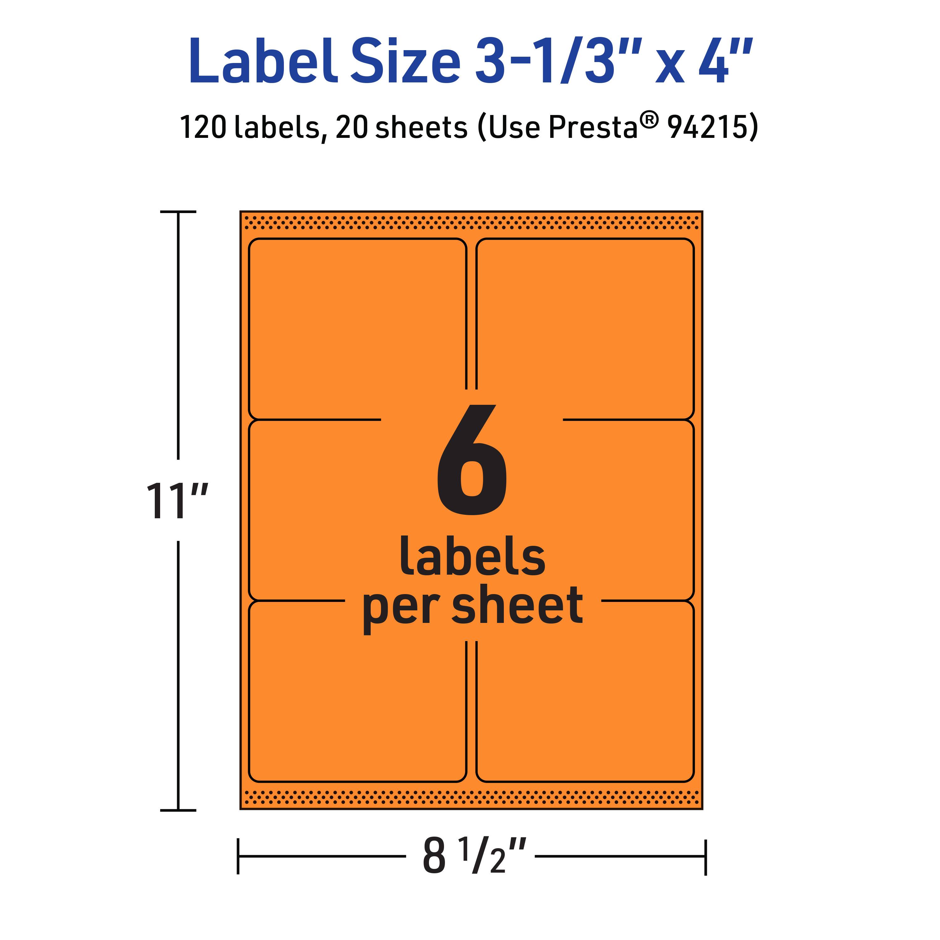 Label Size 3-1/3" x 4"  
120 labels, 20 sheets (Use Presta® 94215)  
6 labels per sheet  
11"  
8 1/2"