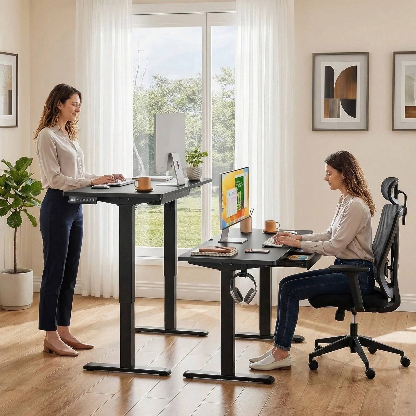 Alt View 6. Ergear - 48×24 Inch Electric Standing Desk with Drawer, 4 Preset Heights, Gaming Desk with Monitor Stand & C-Clamp Compatibility - Black.