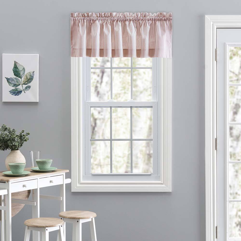 Angle. Ellis Curtain - Ellis Curtain Plaza Classic Ticking Stripe Printed on Natural Ground 1.5" Rod Pocket Tailored Valance 58" x 15" Brick - Brick.