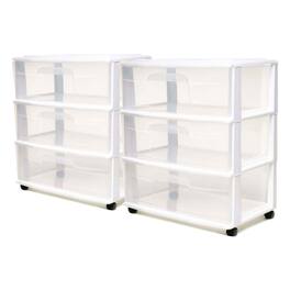 Homz - Plastic 3 Clear Drawer Small Rolling Storage Container Tower, White, 2 Pack