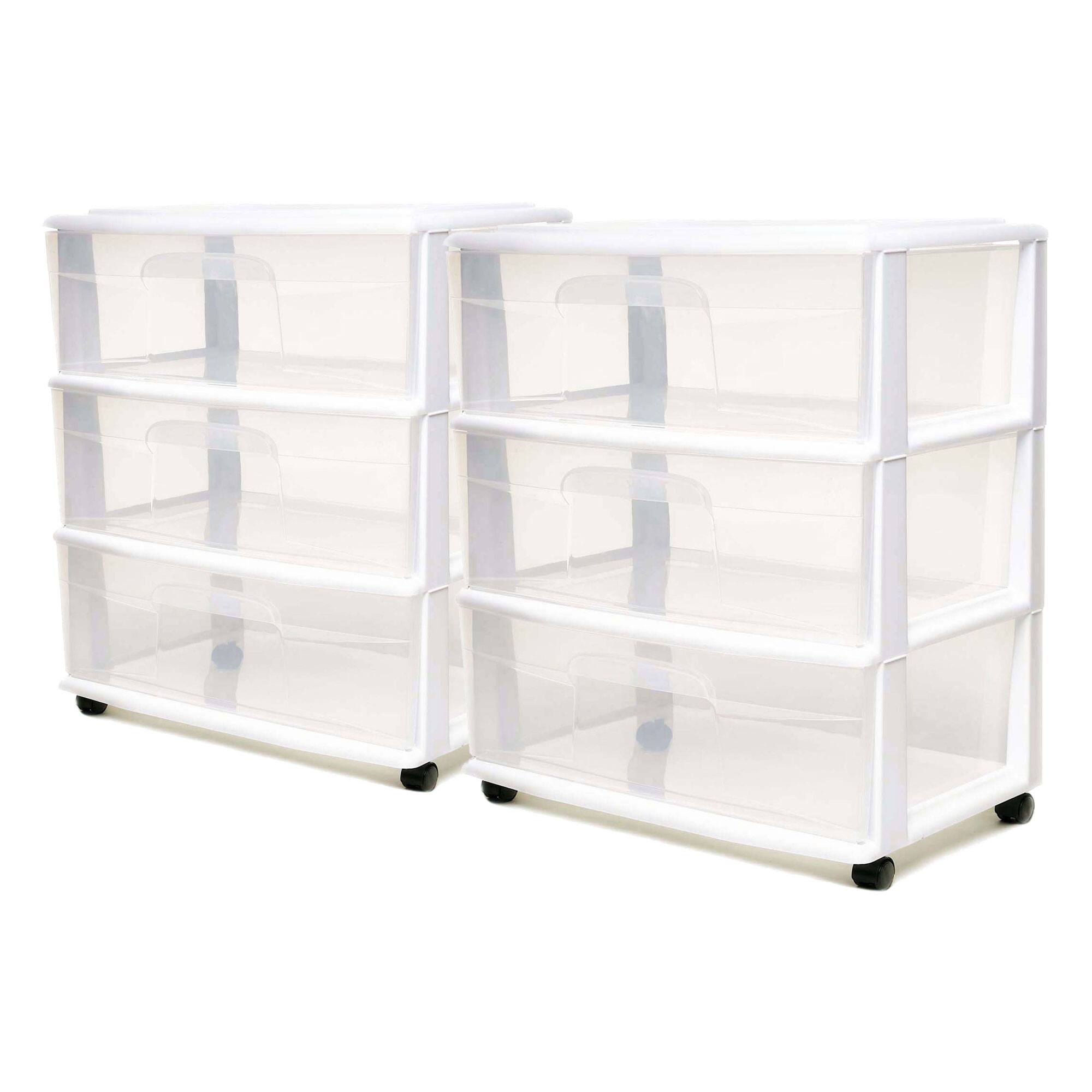 Front. Homz - Homz Plastic 3 Clear Drawer Small Rolling Storage Container Tower, White, 2 Pack.