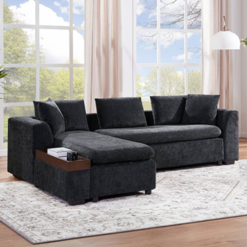 Alt View 1. LUCKY ONE - 93.7" L-Shaped Chenille Sectional Sofa w/ Wooden Storage Compartment & Pillows - Black.