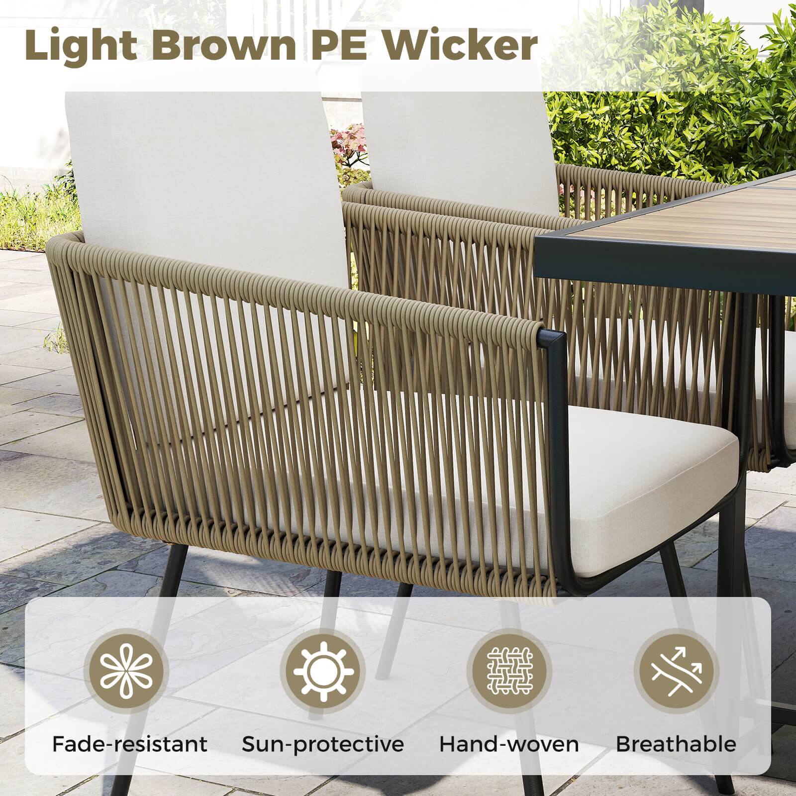 Light Brown PE Wicker is a product that is fade-resistant, sun-protective, and hand-woven. It is also breathable, making it a comfortable and durable choice for outdoor furniture.
