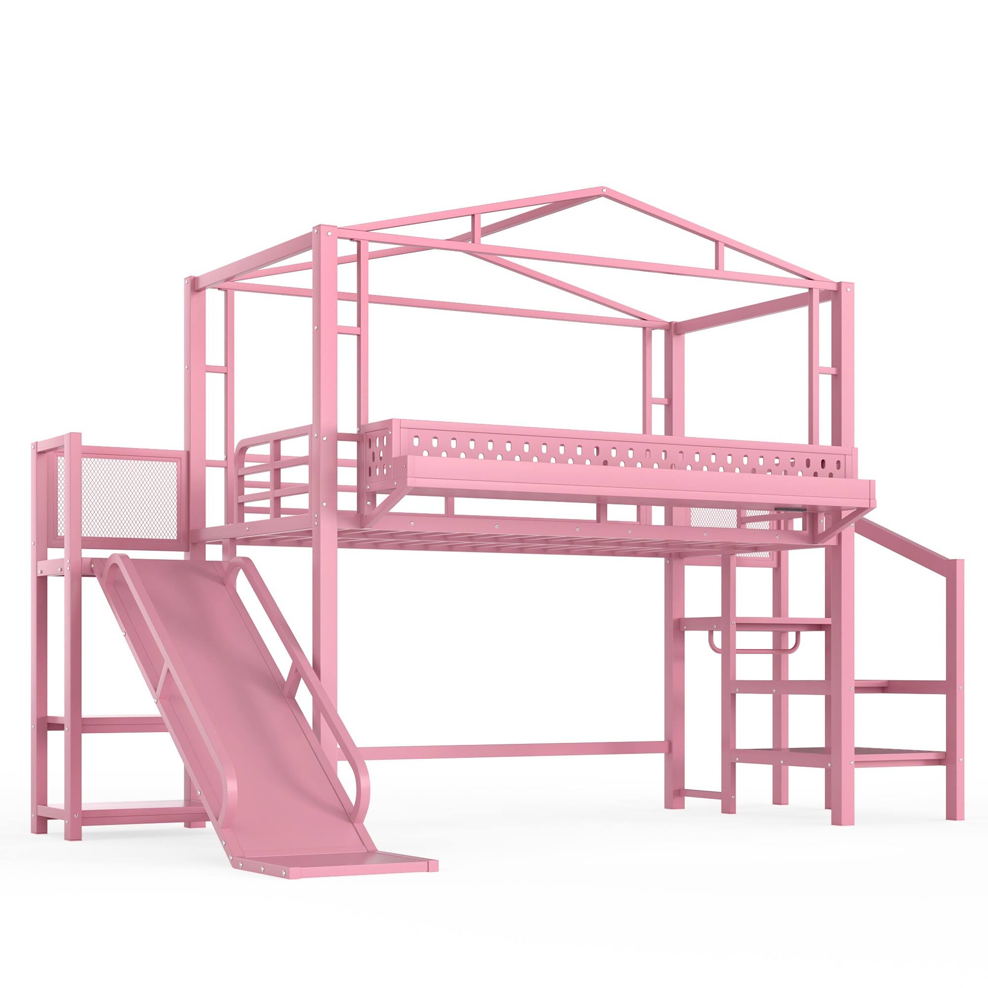 Alt View 7. Boyel Living - Twin Size Loft Bed with Storage Stairs Shelves and Built in Wardrobe Metal Loft Bed Frame - Pink.
