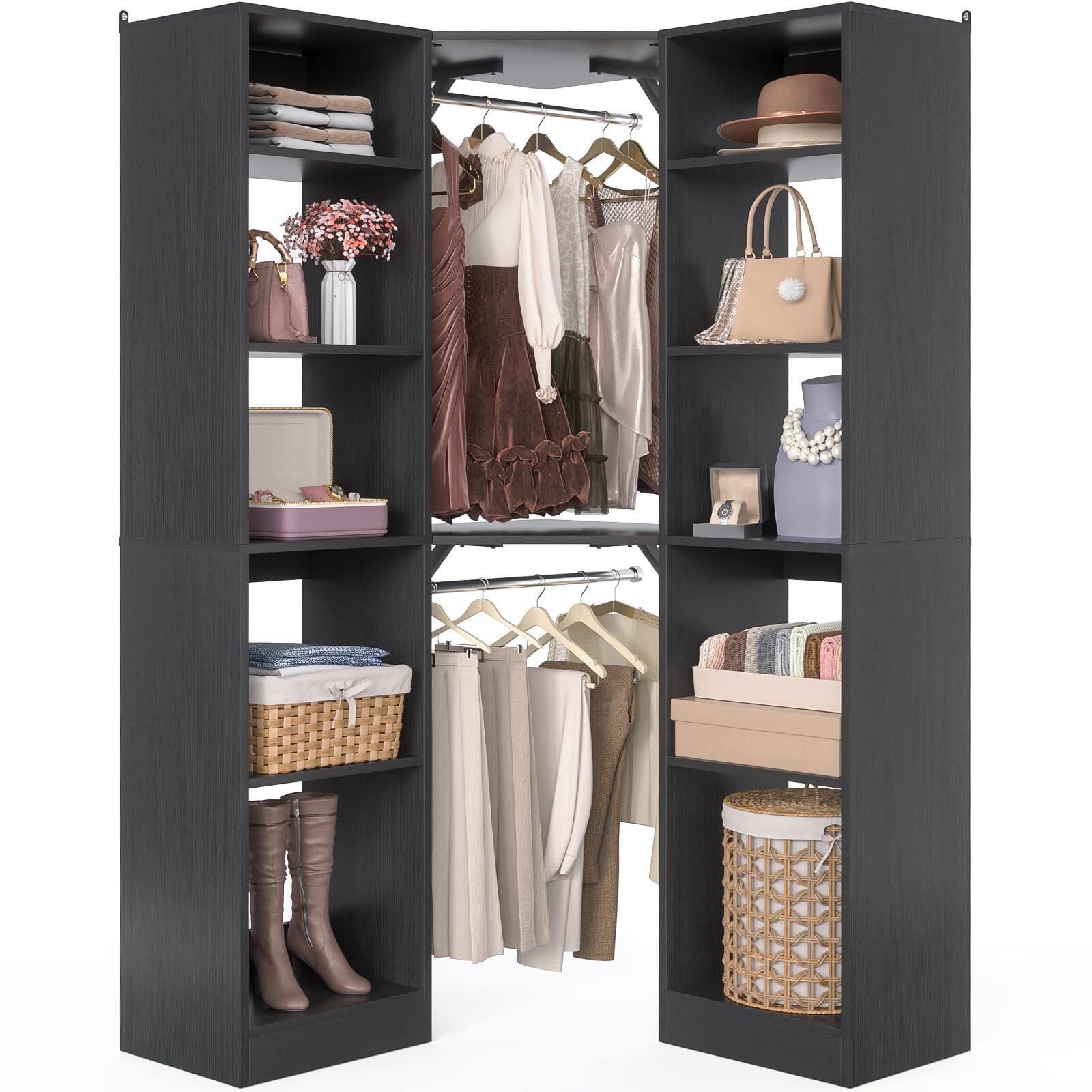Alt View 2. Aheaplus - Corner Closet Organizer: 12-Shelf + 2 Rods, 39.2" Corner Fit, Space-Saving Design (80" H) - Black.