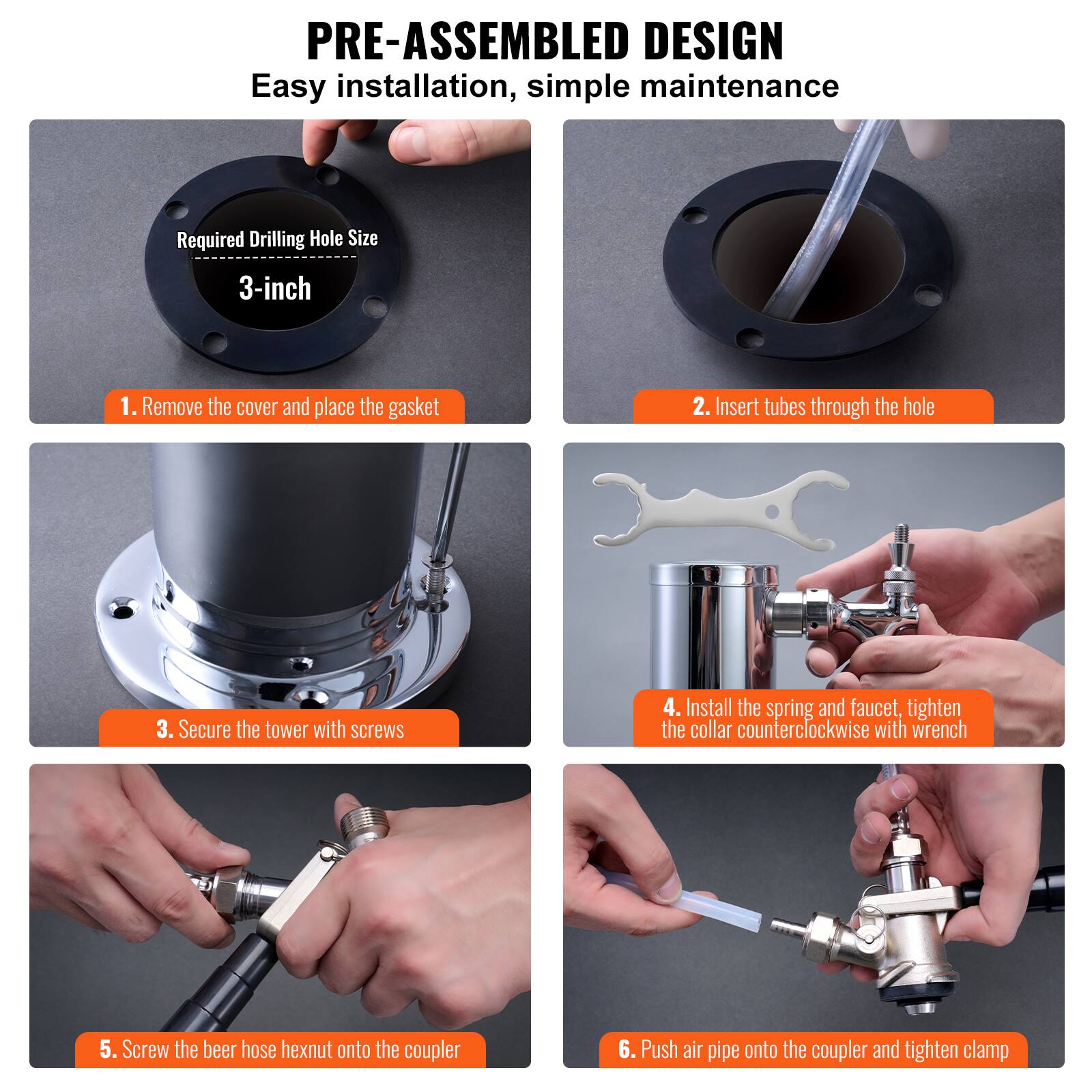 PRE-ASSEMBLED DESIGN  
Easy installation, simple maintenance  

Required Drilling Hole Size  
3-inch  

1. Remove the cover and place the gasket  
2. Insert tubes through the hole  
3. Secure the tower with screws  
4. Install the spring and faucet, tighten the collar counterclockwise with wrench  
5. Screw the beer hose hexnut onto the coupler  
6. Push air pipe onto the coupler and tighten clamp