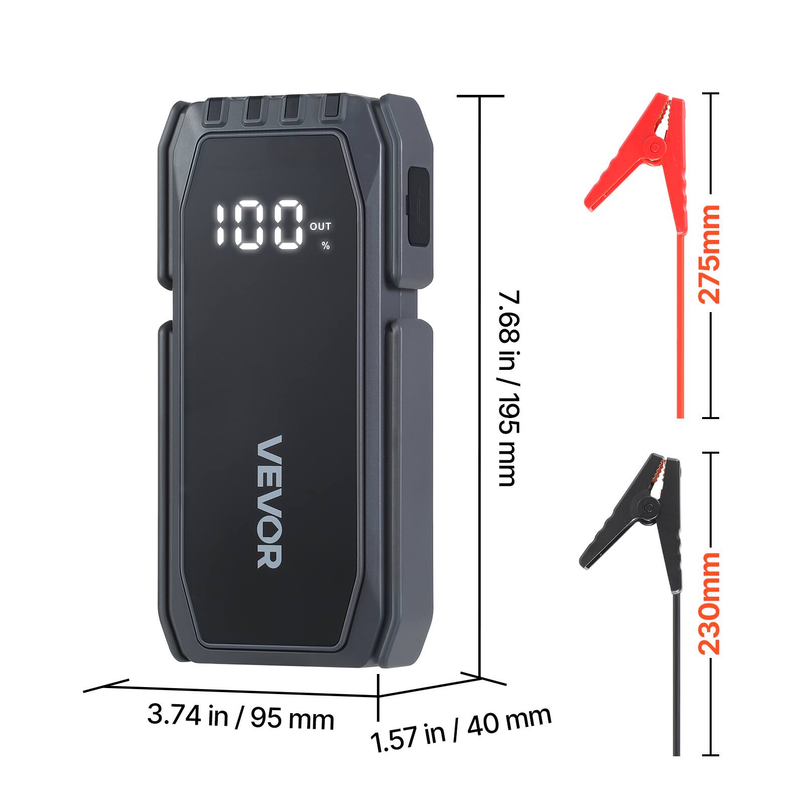 100 OUT % VEVOR  
3.74 in / 95 mm  
7.68 in / 195 mm  
1.57 in / 40 mm  
275 mm  
230 mm