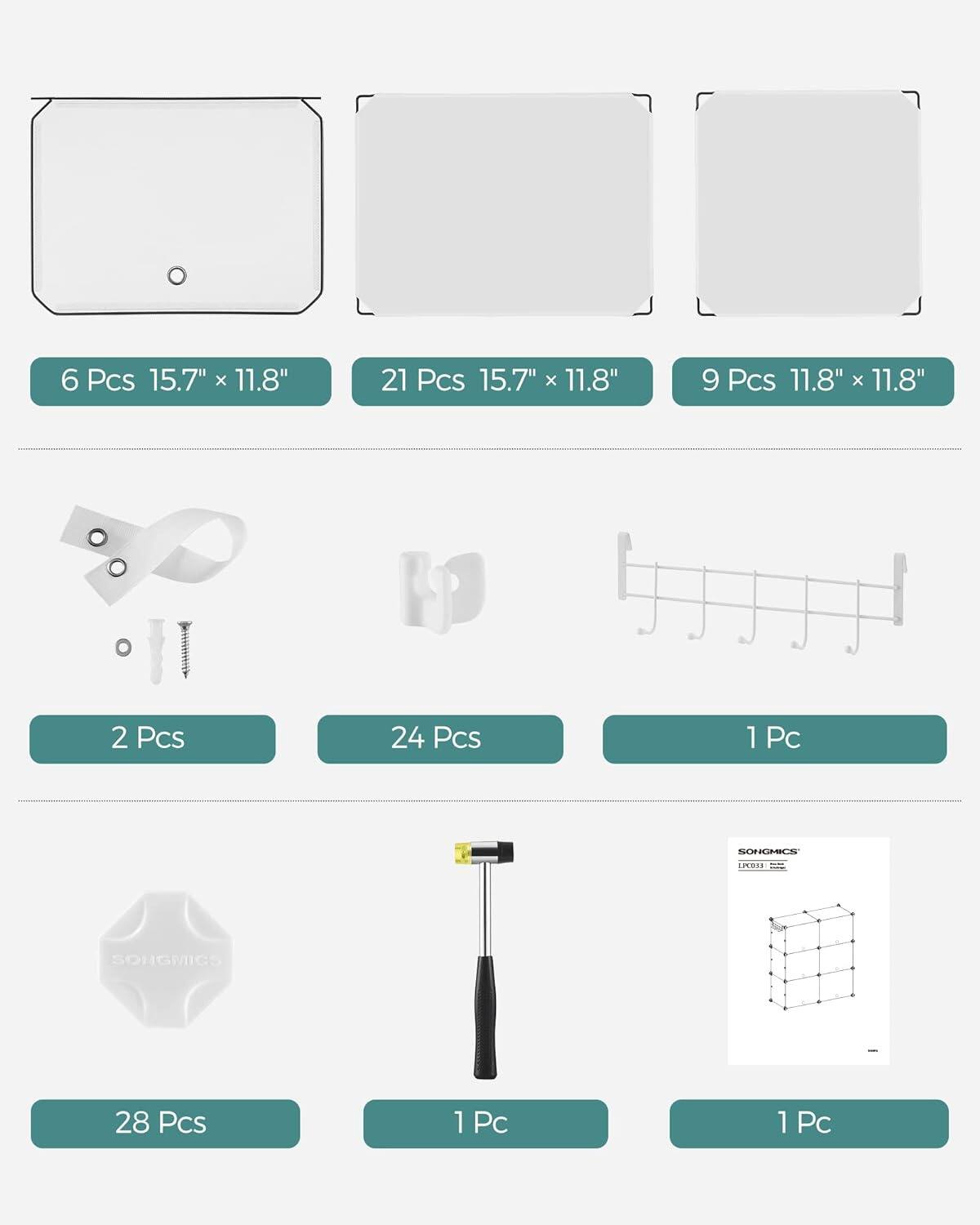 6 Pcs 15.7" x 11.8"  
21 Pcs 15.7" x 11.8"  
9 Pcs 11.8" x 11.8"  

2 Pcs  
24 Pcs  
1 Pc  

28 Pcs  
1 Pc  
1 Pc