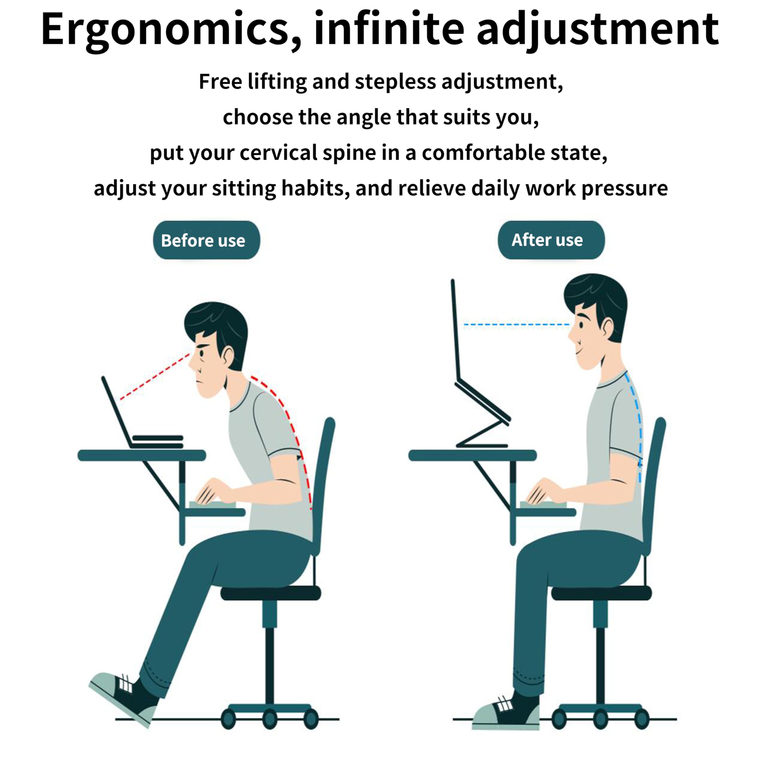 Ergonomics, infinite adjustment

Free lifting and stepless adjustment, choose the angle that suits you, put your cervical spine in a comfortable state, adjust your sitting habits, and relieve daily work pressure

Before use

After use