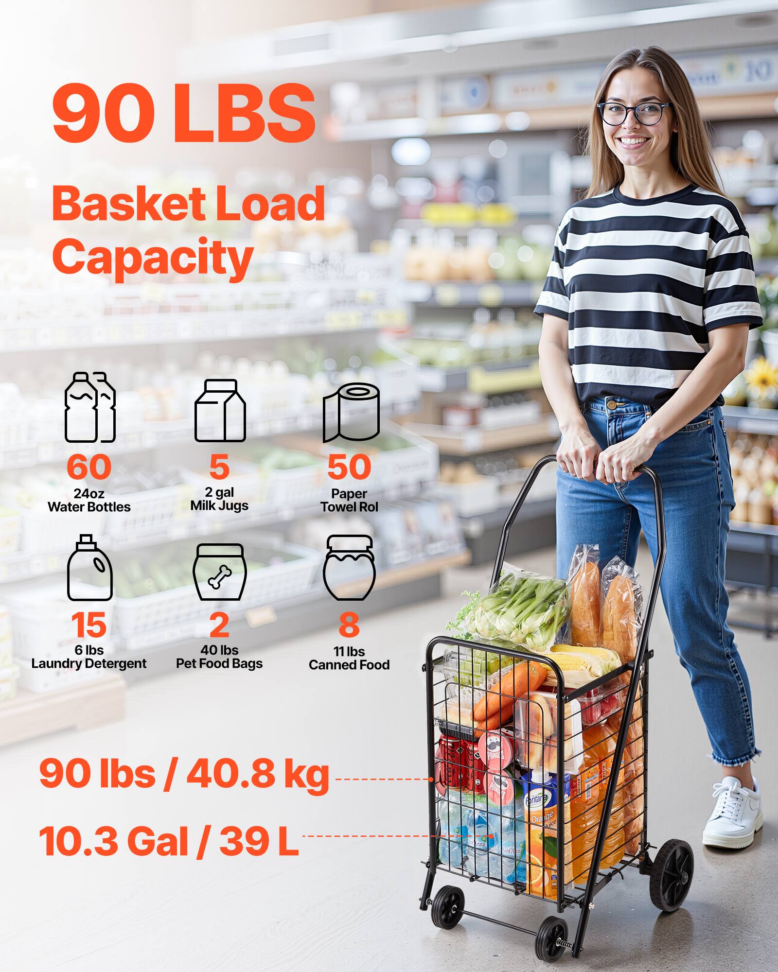 90 LBS Basket Load Capacity

- 60 24oz Water Bottles
- 5 2 gal Milk Jugs
- 50 Paper Towel Rolls
- 15 6 lbs Laundry Detergent
- 2 40 lbs Pet Food Bags
- 8 11 lbs Canned Food

90 lbs / 40.8 kg
10.3 Gal / 39 L